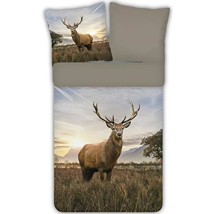ESPiCO Bettwäsche Trendy Bedding Hirsch Tiermotiv Geweih Sonnenaufgang Rotwild Wildtier, Größe:135 cm x 200 cm