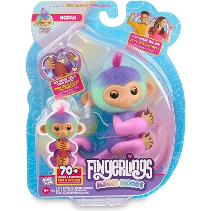 Fingerlings 3181 Magic Interactive Baby Monkey, Norah (Blaugrün & Lila), erzählt Glück und Stimmung, 70+ Geräusche & Reaktionen, Rosa