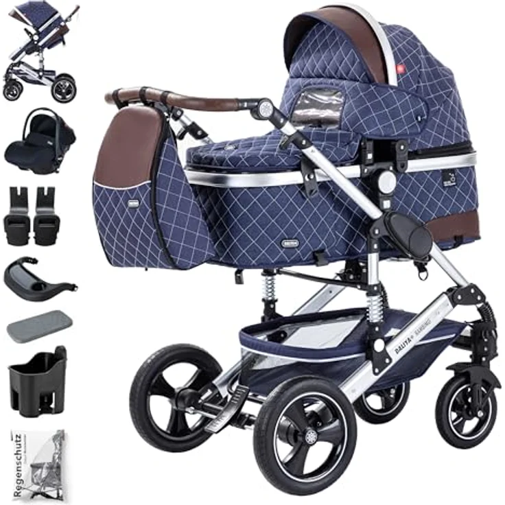 Daliya BAMBIMO 2in1 Kinderwagen & Buggy, Blau - Aluminium Gestell mit doppelter Federung, UV-Schutz 50+, pannensichere Airless Räder, faltbar, mit großem Einkaufskorb – Bild 1