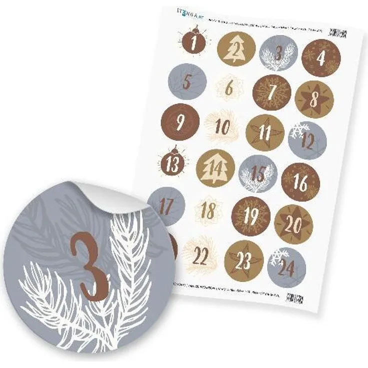 itenga Zahlensticker Z15 Adventskalenderzahlen 1-24 Klassisch / Silber Gold Weiß, selbstklebend, Durchmesser 4cm