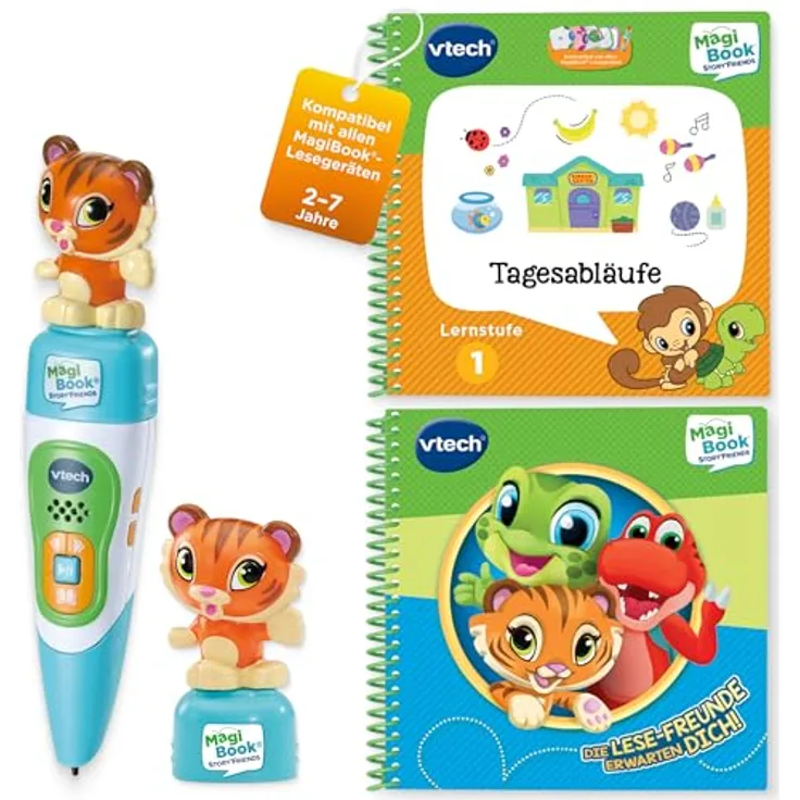 VTech Magibook Story'Friends, interaktives Lernspielbuch inkl. Tiger Minifigur und 32 Seiten Tagesabläufe, Deutsch