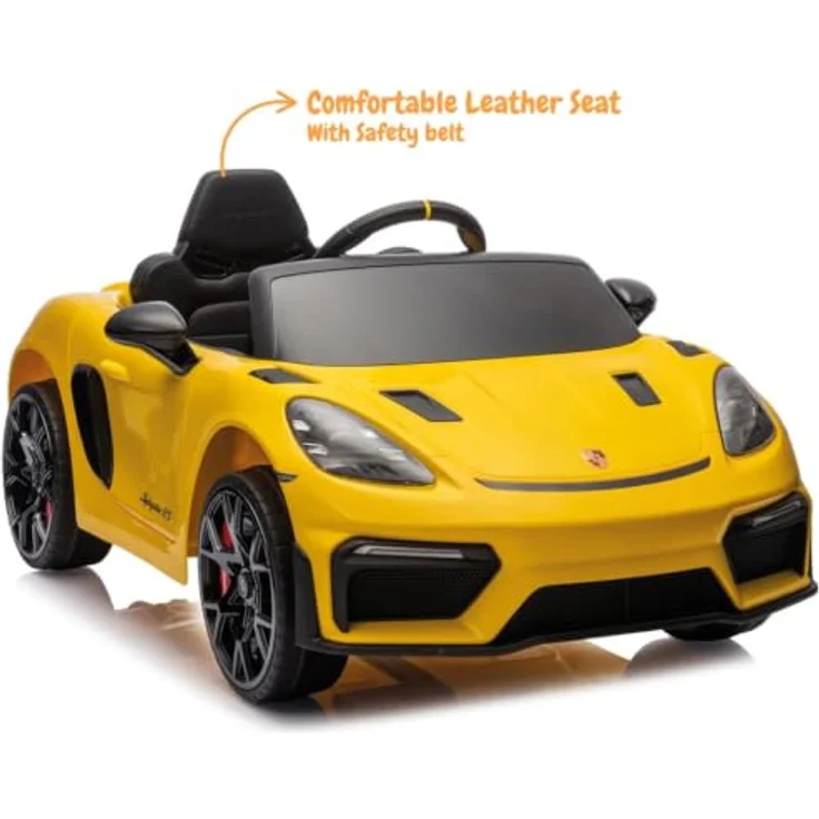 Vrooomy Porsche 718 Spyder RS, Kinder Elektroauto 12V mit Fernbedienung, für 1 bis 5 Jahre, Gelb, MP3-Player, Sicherheitsgurt, LED-Beleuchtung – Bild 5