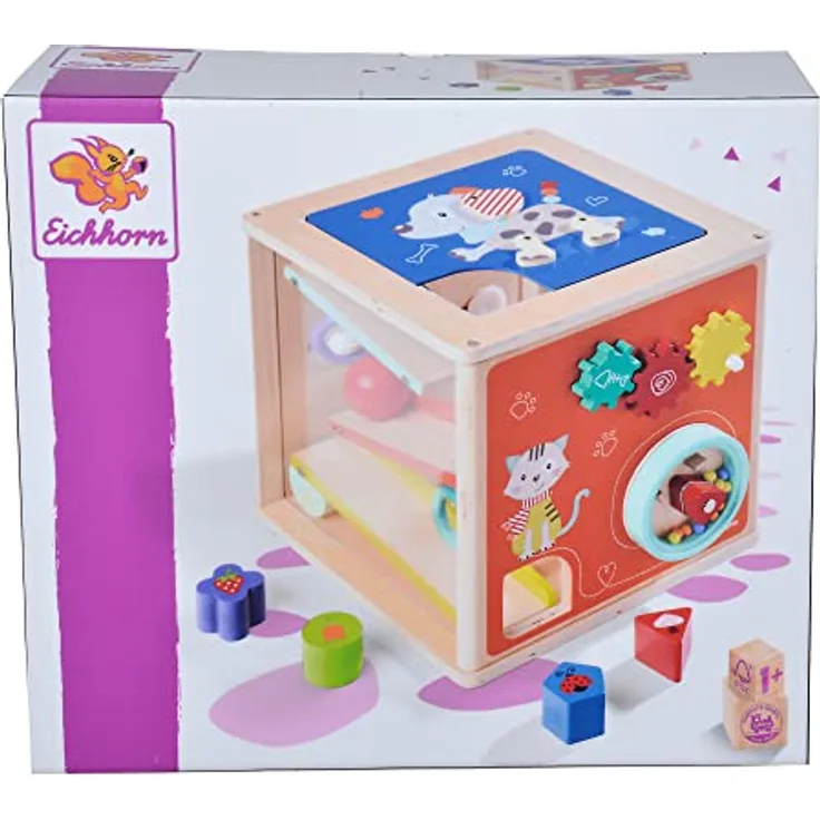 Eichhorn - großes Spielecenter mit Kugelbahn inkl. Dreh- und Steckfunktion, 15-tlg, 24x24x24 cm, 100 % FSC Zertifiziertes Lindensperrholz, ab 1 Jahr