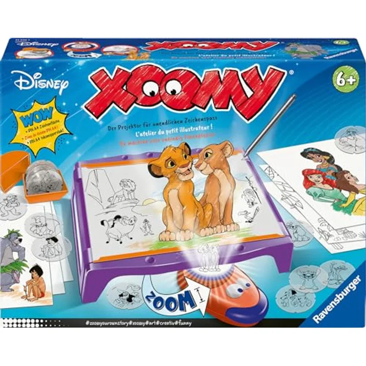 Ravensburger Xoomy Maxi Disney Classics und Prinzessinnen, Malvorlagen-Set mit XXL Lichttisch, LED-Zoomlampe, 72 Motivfolien und 10 Themenblättern, ab 6 Jahren
