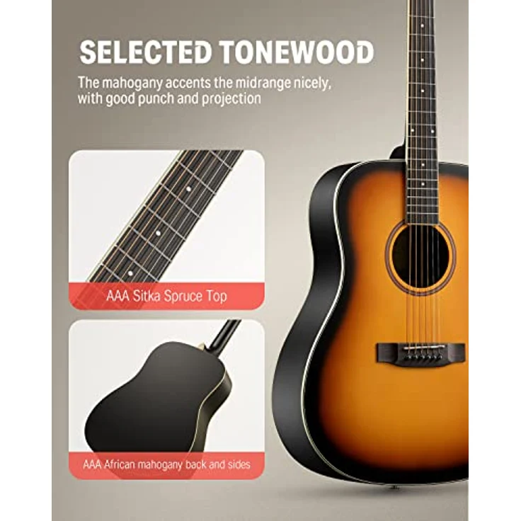 Donner Gitarre Akustik Anfänger Erwachsene Akustikgitarre Kit Einsteiger 4/4 Dreadnought 41 Zoll Gitarren mit 6 Saiten Gigbag Capo Plektren Gurt (Sunburst） – Bild 2