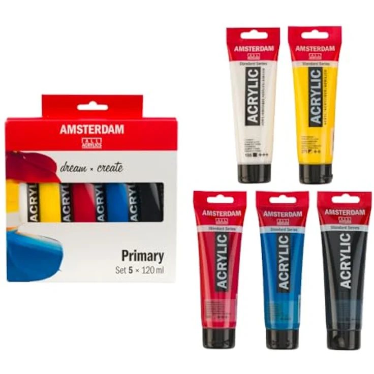Amsterdam Standard Serie Acrylfarben Set, Farbtheorie Mischset mit 5 x 120 ml Tuben, Grundfarben + Schwarz & Weiß, wasserbasierte, lichtechte Pigmente, seidenmatte Oberfläche – Bild 1