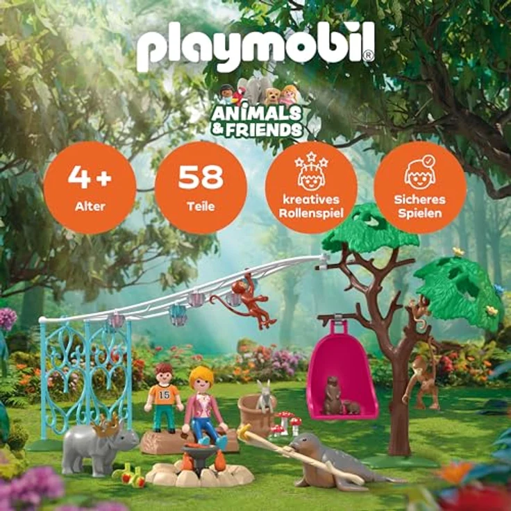 Playmobil Tiere & Freunde - Geburtstagsparty-Spaß, Spielset mit im Dunkeln leuchtender Girlande, Lagerfeuer-Szene und drehbarem Hängesessel – Bild 2