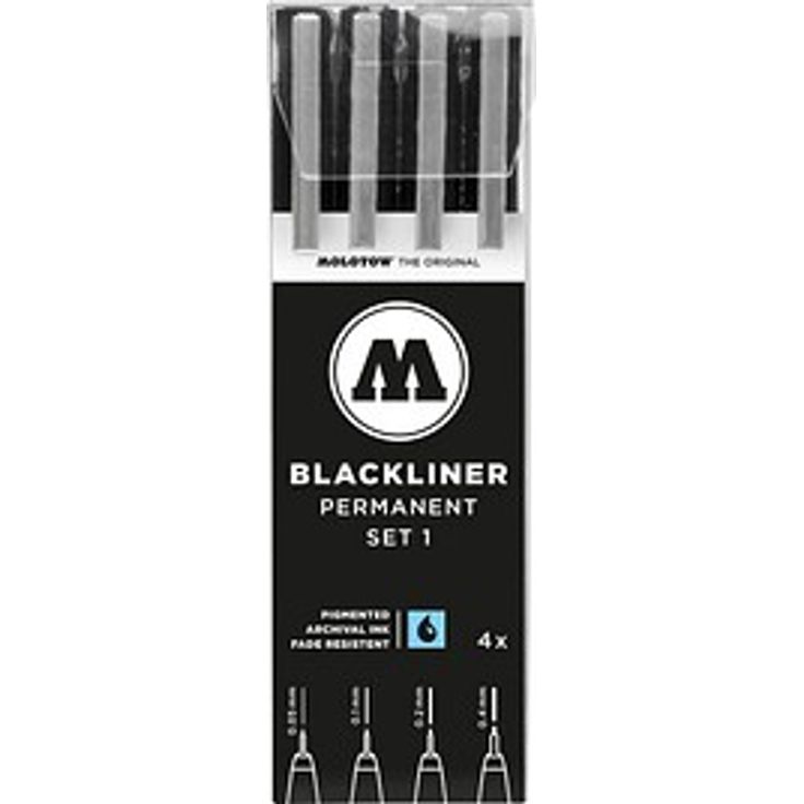 MOLOTOW BLACKLINER SET 1, Fineliner-Set schwarz, 4 St., wasserfest, permanent, mit Clip, Spitzenbreiten 0,05 + 0,1 + 0,2 + 0,4 mm