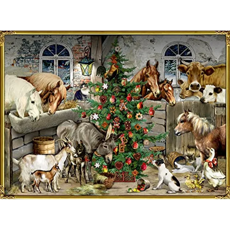 COPPENRATH DIE SPIEGELBURG Adventskalender Nostalgische Weihnachten bei den Tieren im Stall, Wandkalender mit Glitter und Schleifenband