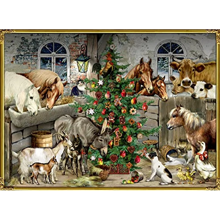 COPPENRATH DIE SPIEGELBURG Adventskalender Nostalgische Weihnachten bei den Tieren im Stall, Wandkalender mit Glitter und Schleifenband – Bild 1