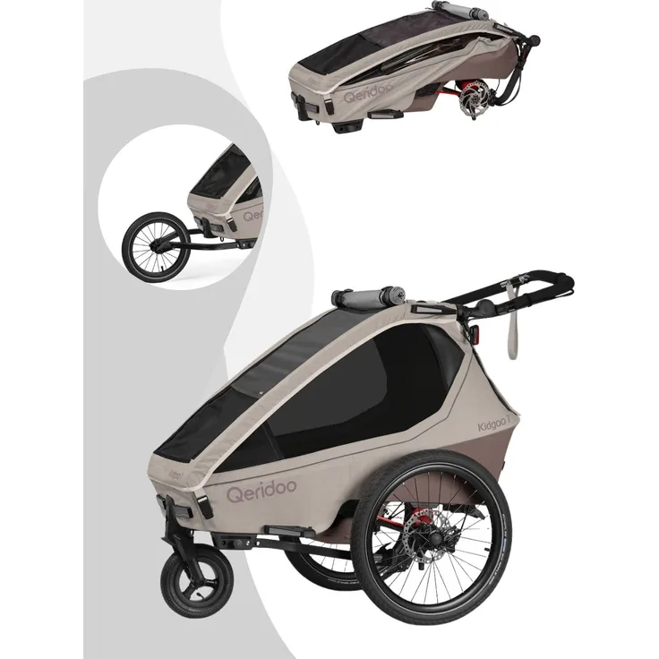 Qeridoo Kidgoo 1 Pro Gen 2, Kinderfahrradanhänger für 1 Kind mit Buggy- und Joggerfunktion, Barista Brown, max. 22kg Kind + 6kg Gepäck
