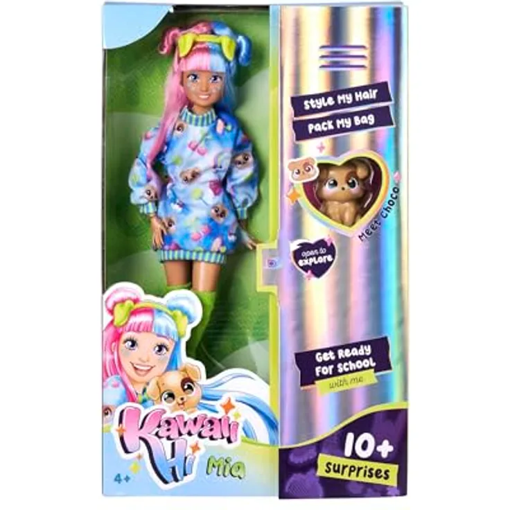 SIMBA Anziehpuppe Kawaii Hi Mia, bewegliche Fashion-Puppe mit rosa-blauen Haaren, 26 cm, inkl. Hund Choco und Zubehör