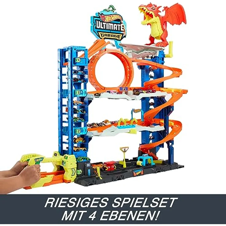 HOT WHEELS Ultimative Garage - Mehrere Ebenen, Rennspaß, Stunt-Abenteuer, Drachenkampf, Autowaschanlage, Looping, Spurwechsler, Fahrstuhl, 2 Autos, für Kinder ab 5 Jahren, HKX48 – Bild 3