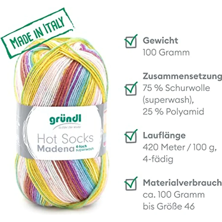 Gründl Hot Socks Madena (Sockenwolle aus 75% Schurwolle (superwash) und 25% Polyamid, Made in Italy, 4-fach Sockengarn, 100 g / 420 m, Nadelstärke: 2,5 mm - 3 mm, 1 x 100 g), caribean-summer – Bild 2