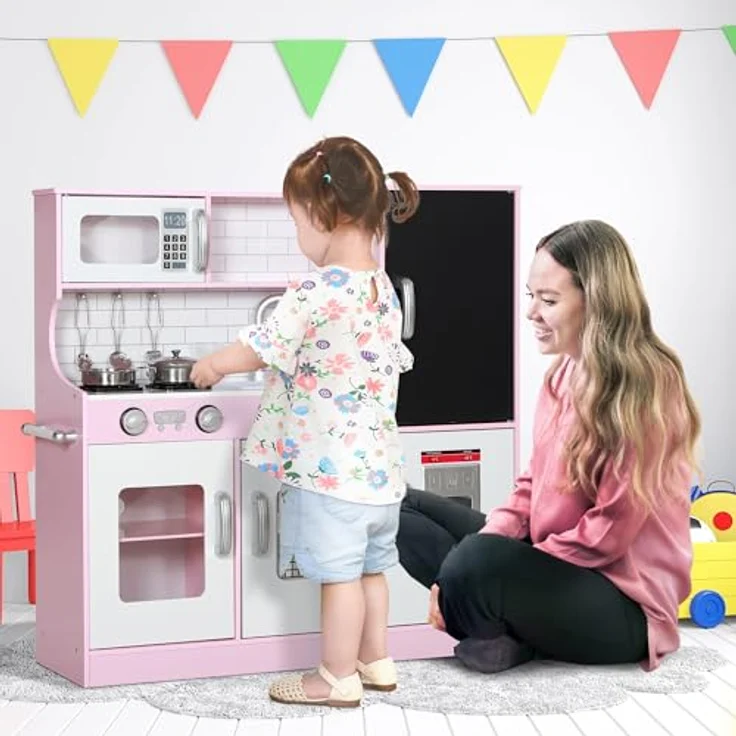 AIYAPLAY Kinderküche Spielküche mit Mikrowelle, Herd, Spüle, Kreidetafel und Spielzeug Telefon, rosa, für 3-8 Jahre, inkl. Küchenzubehör Spielset – Bild 2
