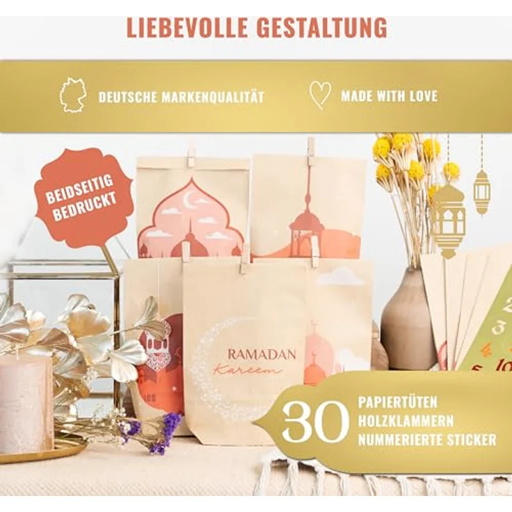 AMARI ® Ramadan Tüten (30 Tüten inklusive Sticker & Klammern) - Ramadankalender zum Befüllen - Ramadan Kalender Tüten - Ramadan Kalender Bastelset – Bild 2