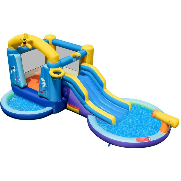COSTWAY Hüpfburg Wasserpark, (2-tlg) mit 680W Gebläse, 490 x 290 x 220 cm, für Kinder von 3-10 Jahren