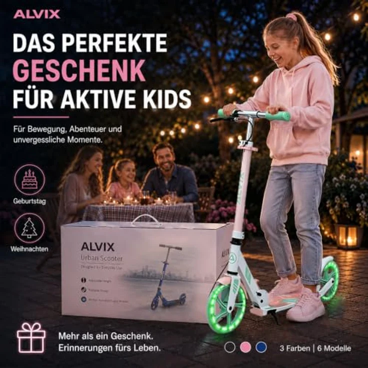 ALVIX Cityroller Kinderroller K-Serie mit Handbremse, faltbar, 200-mm-LED-Räder, breites 120-mm-Deck, Tragegurt, empfohlen ab 6 Jahren – Bild 8