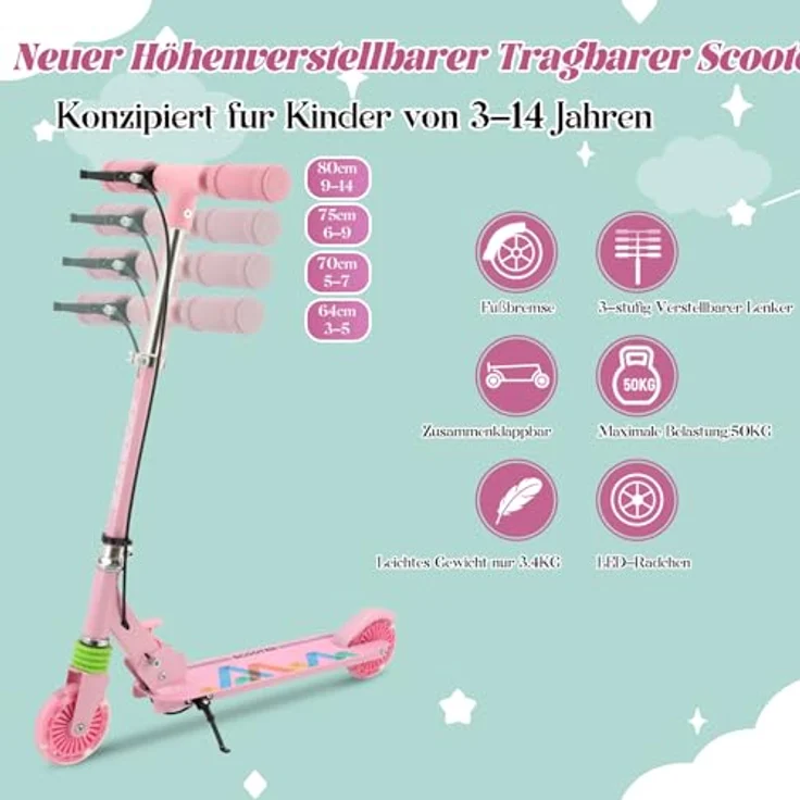 TENBOOM Kinder Scooter Roller mit Hinterradbremse, LED-Leuchtrad, höhenverstellbar und klappbar, für Kinder ab 3 Jahren, stoßdämpfend und belastbar bis 50 kg – Bild 2