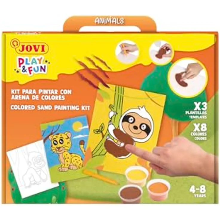 Jovi Play&Fun Sandmalerei-Set, 8 x 40 g farbiger Sand, 3 Tiermalfolien, für Kinder ab 3 Jahren