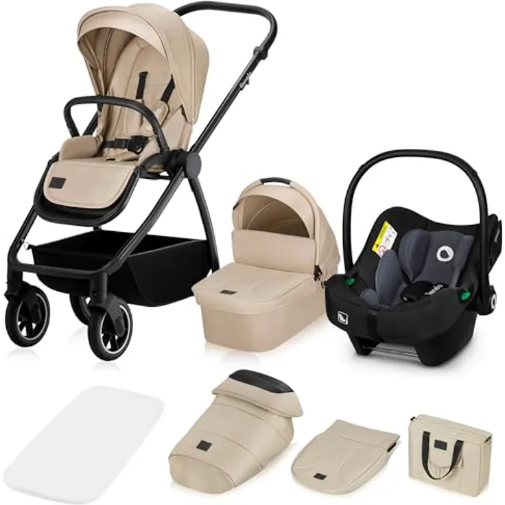 Lionelo Meril Kombikinderwagen 3-in-1, XL-Babywanne, Buggy und ADAC-zertifizierter Kindersitz, geländegängige Räder, voll gefedert, Beige