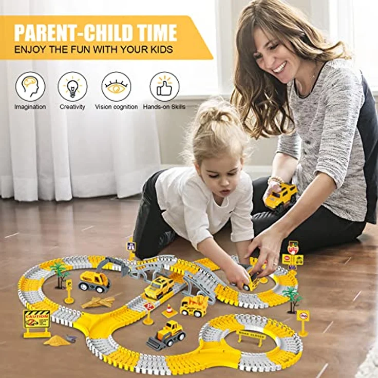 kizplays 260pcs Autorennbahn Rennbahn 6 Cars Bagger Spielzeug ab Spielzeugautos Autobahn ab 3 4 5 6 Jahre Junge Mädchen,Flexible Track Kran Spiele , Elektroauto Cars Autorennbahn für Kinder Geschenk – Bild 7