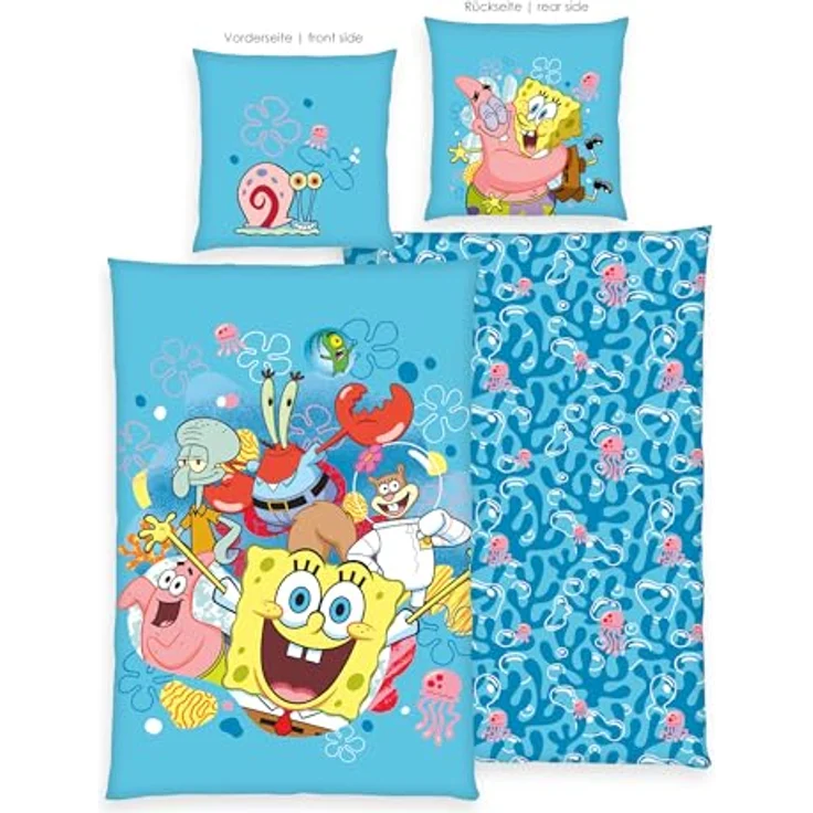 Herding Bettwäsche Set SpongeBob Schwammkopf, 100% Baumwolle/Renforcé, Kopfkissenbezug 80 x 80 cm, Bettbezug 135 x 200 cm, Reißverschluss, Wendemotiv, Multicolor – Bild 2