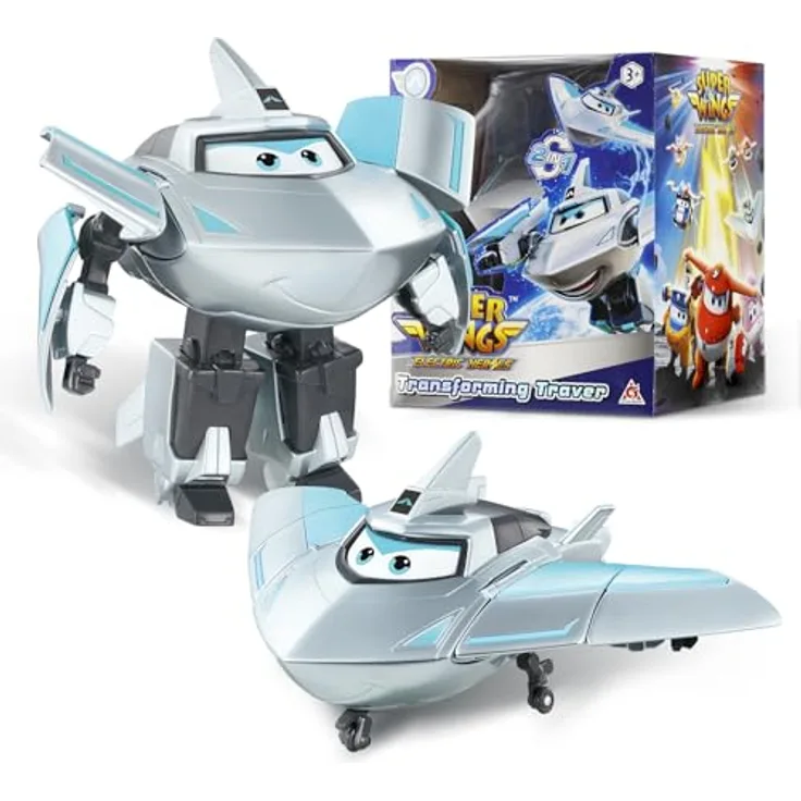 Super Wings Transformations-Flugzeug Supercharged Traver, 12,7 cm Spielzeug-Flugzeug und Roboterfigur für Kinder ab 3 Jahren, silber