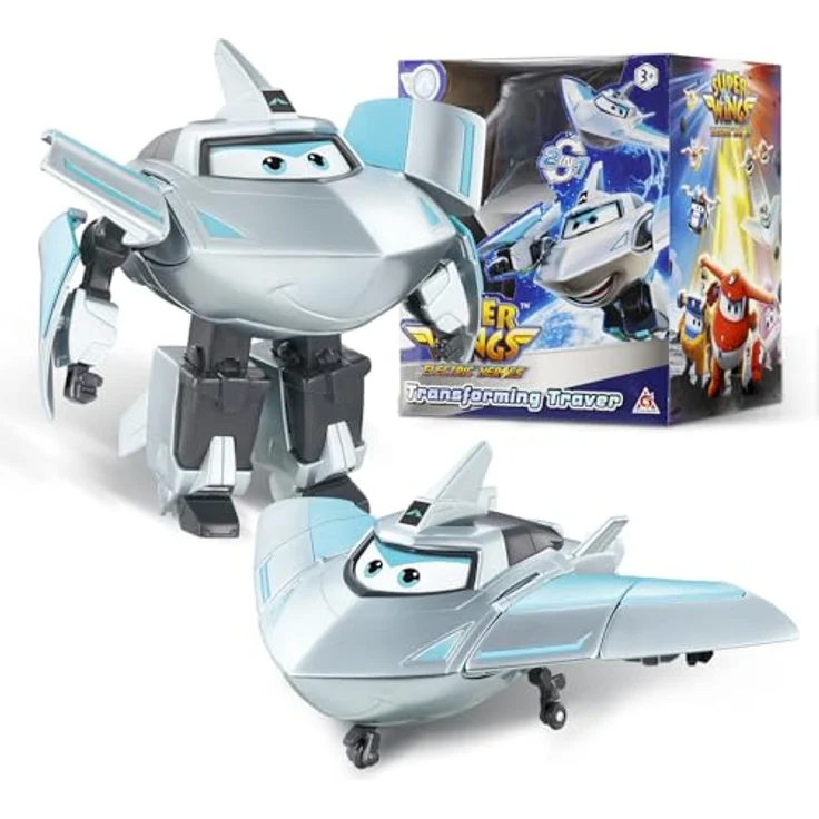 Super Wings Transformations-Flugzeug Supercharged Traver, 12,7 cm Spielzeug-Flugzeug und Roboterfigur für Kinder ab 3 Jahren, silber – Bild 1