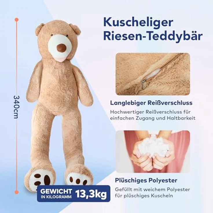 MKS. Riesen Teddybär XXL Kuschelbär 340 cm Braun - Extra weicher Plüsch, antiallergisch & waschbar – Bild 2