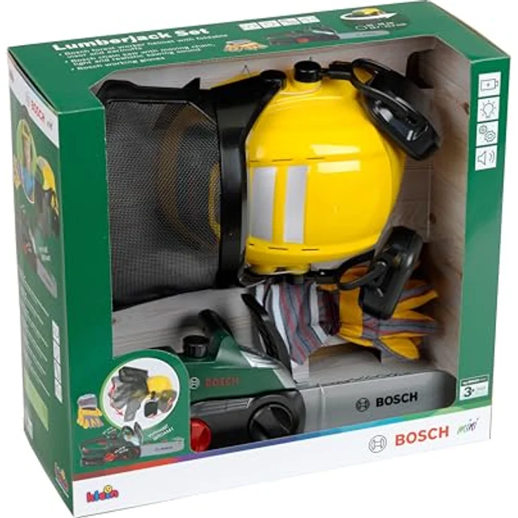 Klein Bosch Waldarbeiter-Set, Spielwerkzeuge mit batteriebetriebener Kettensäge und Forsthelm, ab 3 Jahren – Bild 8