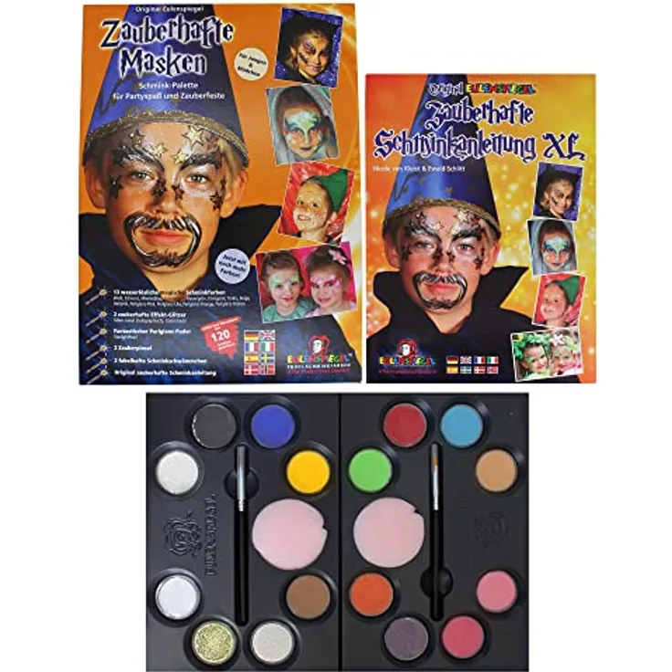 Eulenspiegel 103333 - Zauberhafte Masken, 13 Farben, 3 Glitzer, 2 Schwämme, 2 Pinsel, 1 Anleitung