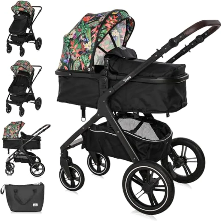 Lorelli Kinderwagen Viola 2 in 1, Kombikinderwagen bis 22 kg inkl. Babywanne und Sportsitz, Sportbuggy, Reisebuggy, Baby Buggy klein zusammenklappbar, große Gummireifen, Federung, blumenmotiv