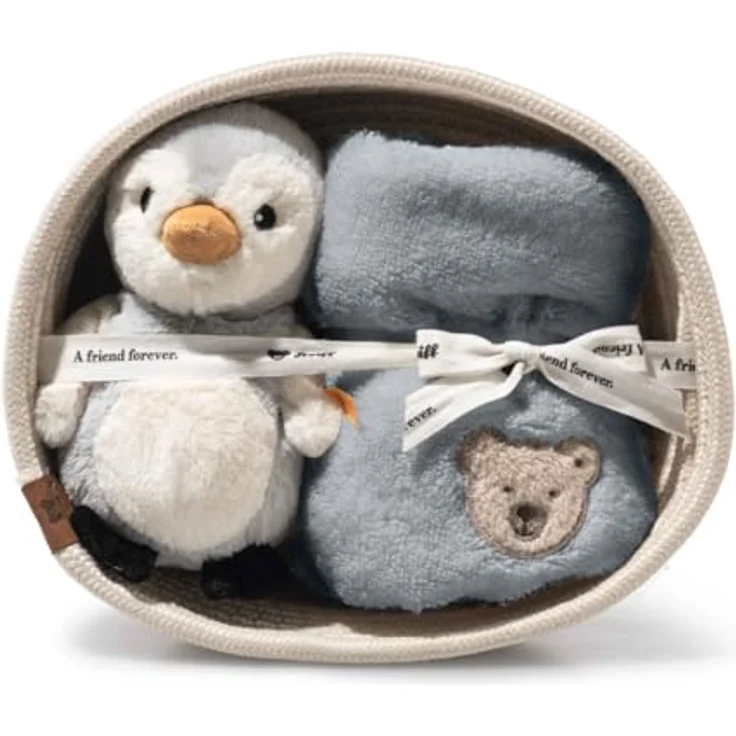 Steiff Pinguin Lio Geschenkset, Rassel & Latz aus 100% grauer Baumwolle, 22 cm, mit dekorativem Aufbewahrungskorb – Bild 1