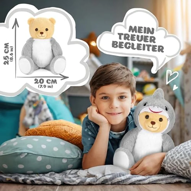 BRUBIES Teddy Hai 25 cm, Teddybär im Haikostüm mit abnehmbarer Kapuze, extra weiches Plüschmaterial, grau – Bild 4