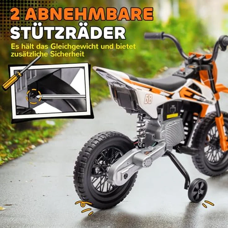 AIYAPLAY Elektro-Kindermotorrad 12V, mit Musik, abnehmbar Trainingsrädern, 2,4-5 km/h, Belastbarkeit 30 kg, Orange – Bild 4