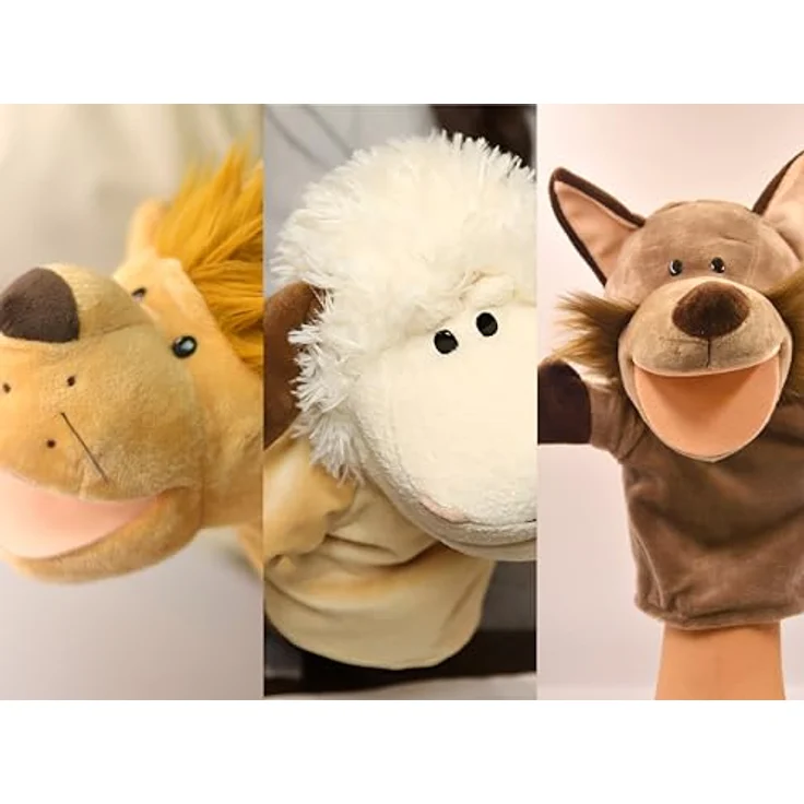 LOMTRATS Handpuppen-Set für Kinder, bestehend aus Wolf, Tiger, Löwe und Affe, mit beweglichen Mündern, ideal für Geschichtenerzählen und Vorschulerziehung, ca. 25 cm groß, aus weichem Plüsch – Bild 1