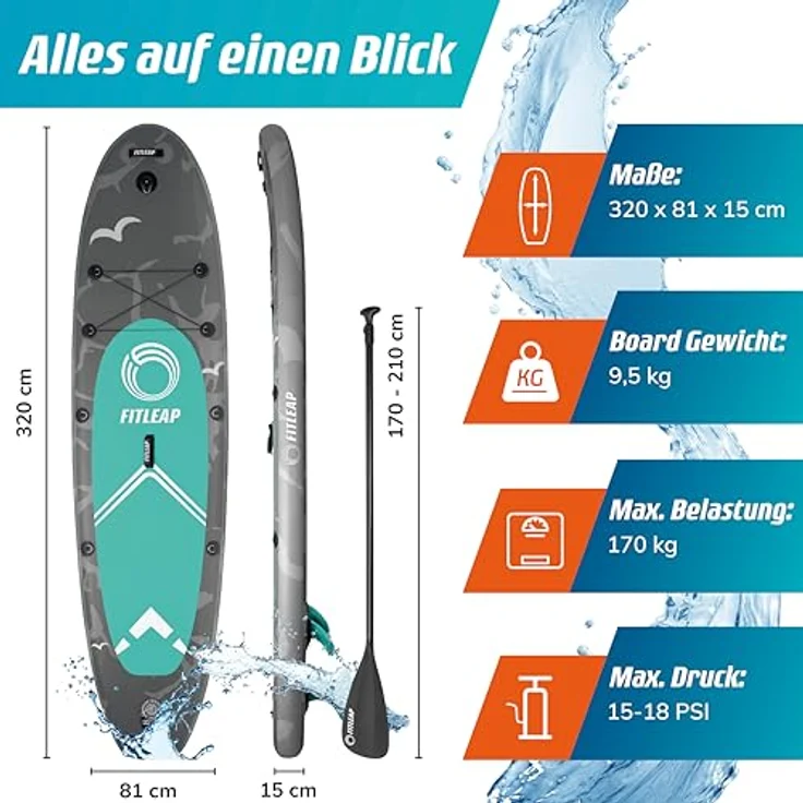 Fitleap Premium Stand Up Paddle Board aufblasbar, SUP Set mit Hochdruckpumpe, verstellbarem Paddel, Rucksack, ideal für Yoga, Surfen und Wassersport – Bild 3
