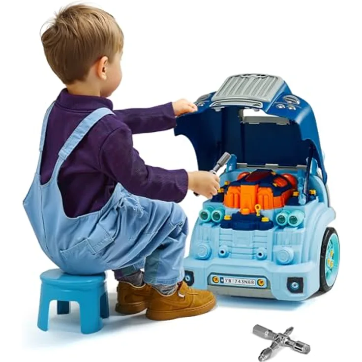 VEVOR Motorspielzeug D001-4, 60-teiliges Autoreparaturset für Kinder mit abnehmbaren Teilen, Lichtern, Geräuschen, Lenkrad und Hupe, Blau
