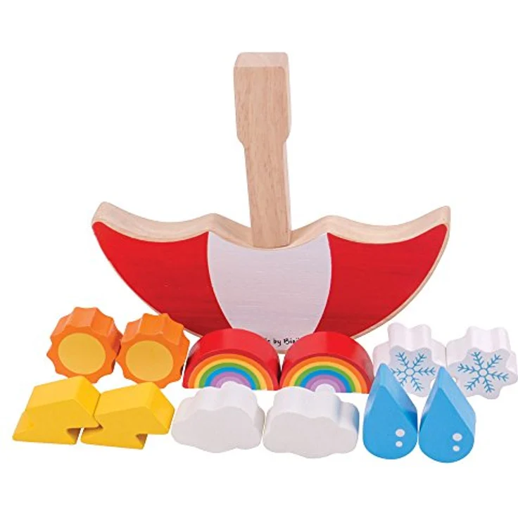Bigjigs Toys Gleichgewichtsspiel Wetter, Holzspielzeug mit Schirm-Design und Wetter-Themenfiguren – Bild 2