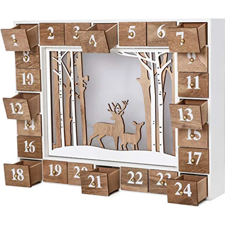 BRUBAKER Adventskalender aus Holz zum Befüllen - Weiße Winterlandschaft mit LED Beleuchtung - Wiederverwendbarer DIY Weihnachtskalender 35.5 x 6 x 27 cm – Bild 3