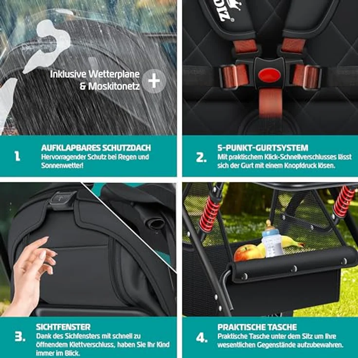 Kidiz Kinderwagen Kinderbuggy klappbar Liegebuggy Sportwagen 360° Räder 5-Punkt Gurt, Inkl. Fußsack, Getränkehalter, Regenabdeckung & Moskitonetz, verstellbare Rückenlehne & Sonnenverdeck, blau – Bild 3