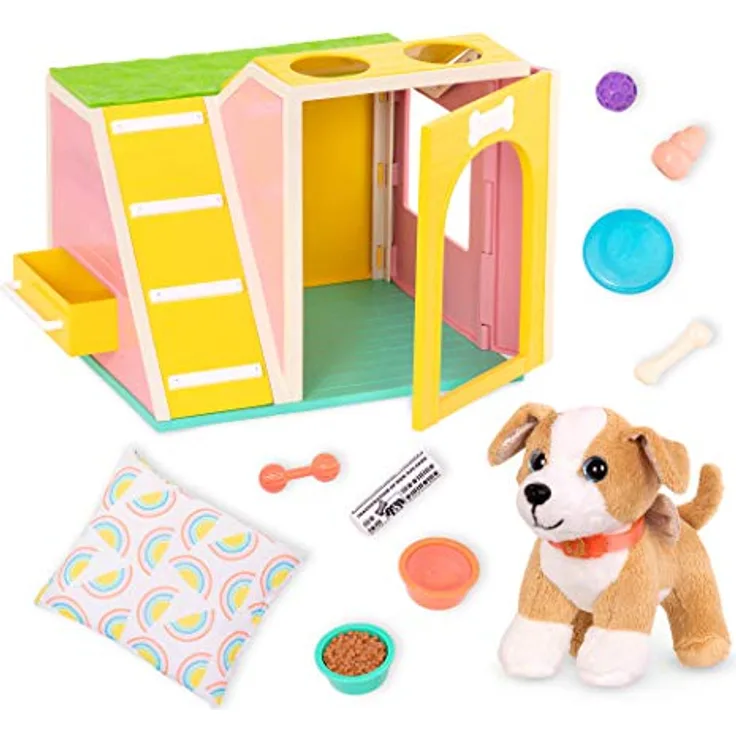 Glitter Girls Puppenzubehör – Kuscheltier Hund Chihuahua Lollie mit Zubehör Set Hundehütte – Accessoires für 36 cm Puppen, Plüschtier und Puppenhaus Puppenmöbel Spielzeug für Kinder ab 3 Jahre