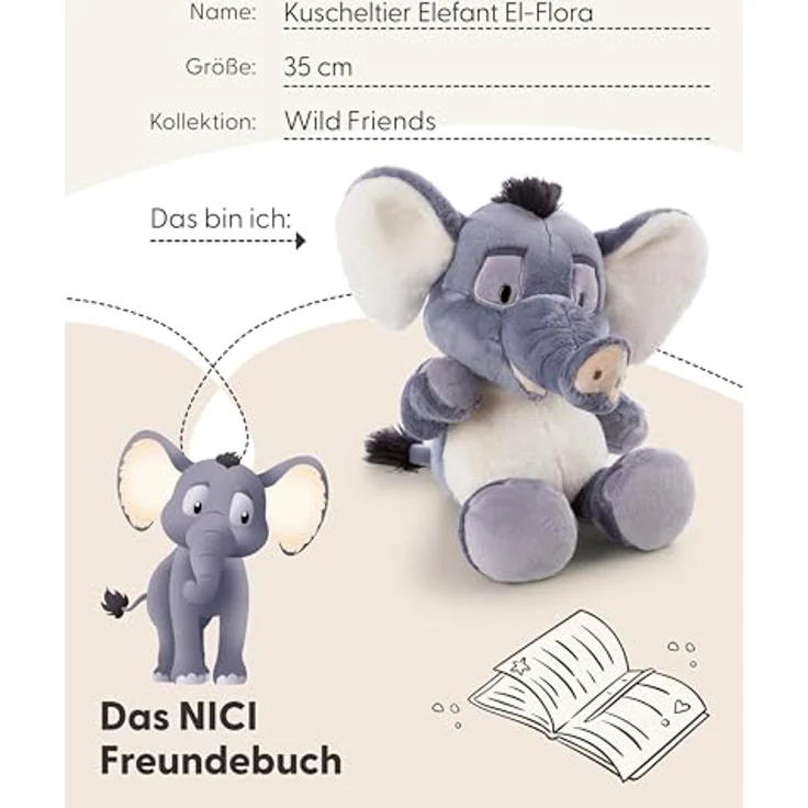 NICI Plüsch Wild Friends Elefant El-Flora, schlenkernd grau, 35cm, mit hochwertigem Plüschfell und detailverliebtem Design – Bild 6