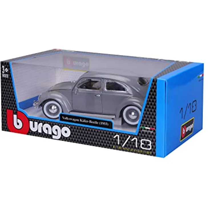 Bburago Volkswagen Käfer (1955), Modellauto im Maßstab 1:18, detailgetreue Nachbildung mit beweglichen Türen, Kofferraum und Motorhaube, grau – Bild 2
