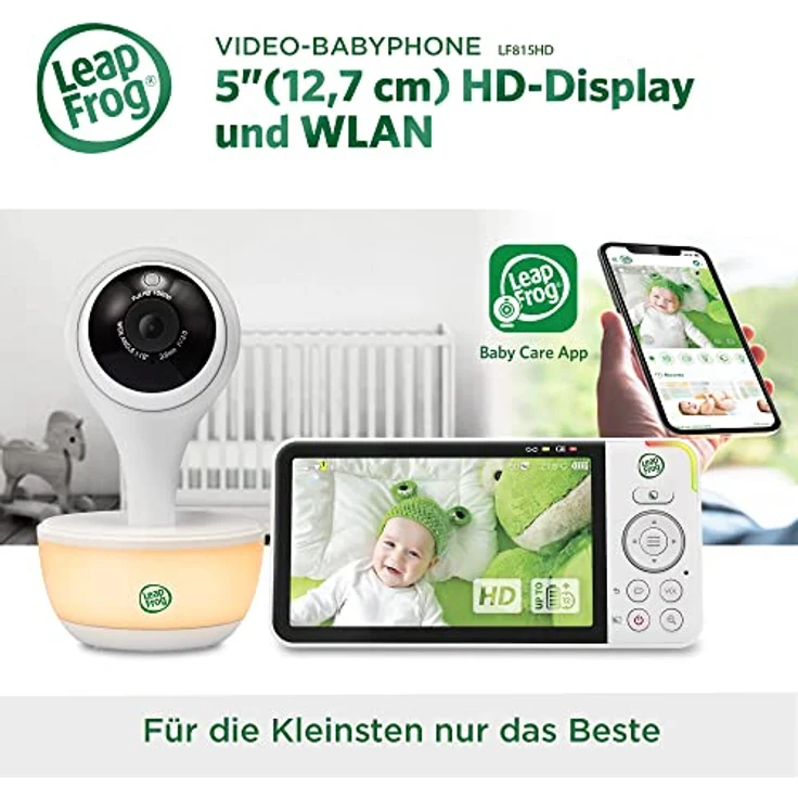 LeapFrog LF815HD smartes Video-Babyphone mit 5-Zoll HD-Farbdisplay, WLAN, Temperatur/Feuchtigkeitssensor, Weitwinkelobjektiv, farbiges Nachtlicht, 8-Fach Zoom, App-Funktion, Wandmontage, Weiss – Bild 2