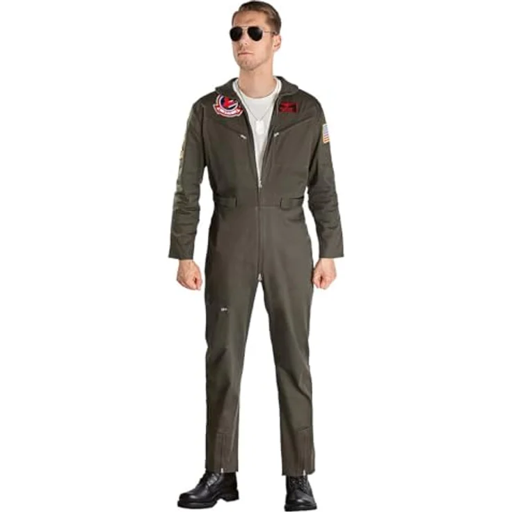 Maskworld Original Top Gun Overall Deluxe, lizenziertes Film-Kostüm für Erwachsene in olivgrün, Größe S-M, mit militärischen Aufnähern und 2-Wege-Reißverschluss – Bild 1
