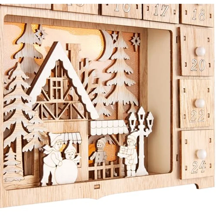 BRUBAKER Adventskalender zum Befüllen - Weihnachtshaus 2024 - Holz mit LED Beleuchtung - Rentiere im Wald, Schnee Dorf mit Kindern - 40 cm Haus Kalender Beleuchtet – Bild 3