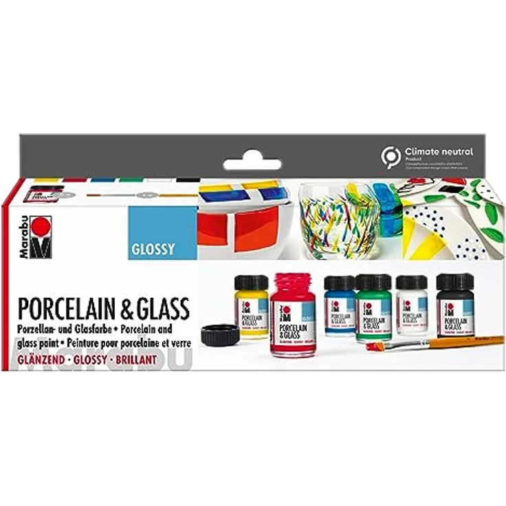 Marabu Porcelain & Glass Starter Set Glänzend, 6 x 15 ml Wasserbasierte Porzellan- und Glasfarbe in Sonnengelb, Kirsche, Enzian, Apfel, Schwarz und Weiß, spülmaschinenfest ohne Einbrennen, inkl. Pinsel und Anleitung