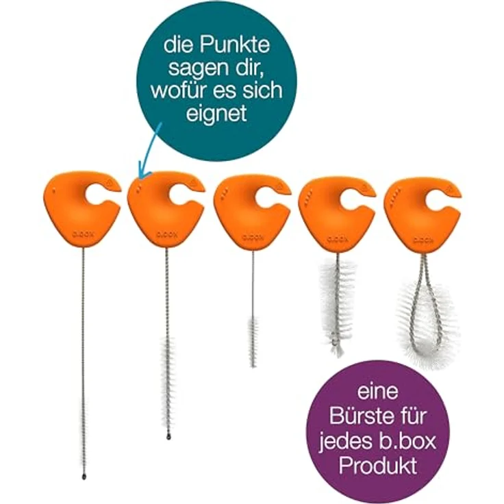 b.box Reinigungsbürstenset, 5-teiliges Set für Babyflaschen mit Clip-Ring, ergonomischen Griffen und verschiedenen Bürsten für Trinkflaschen und Strohhalme – Bild 3
